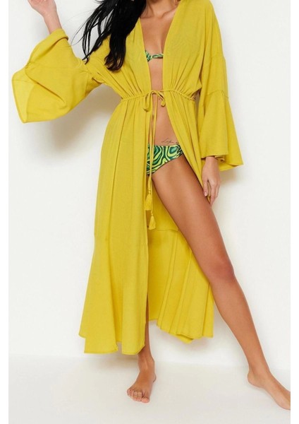 Moda Dokuma Oversize Kalıp Uzun Şal Yaka Standart Kol Shally Basic Düz Desen Kimono Kaftan