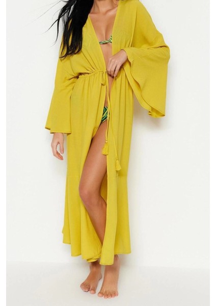 Moda Dokuma Oversize Kalıp Uzun Şal Yaka Standart Kol Shally Basic Düz Desen Kimono Kaftan