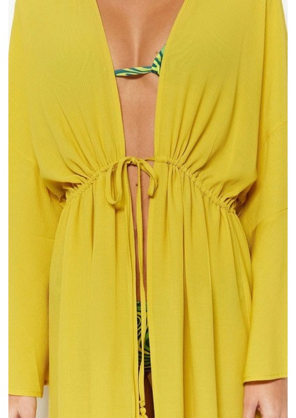 Moda Dokuma Oversize Kalıp Uzun Şal Yaka Standart Kol Shally Basic Düz Desen Kimono Kaftan