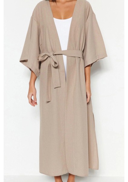 Moda Dokuma Regular Kalıp Midi V Yaka Ispanyol Kol Keten Görünümlü Basic Düz Desen Kimono Kaftan