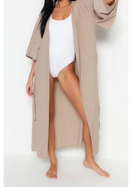Moda Dokuma Regular Kalıp Midi V Yaka Ispanyol Kol Keten Görünümlü Basic Düz Desen Kimono Kaftan