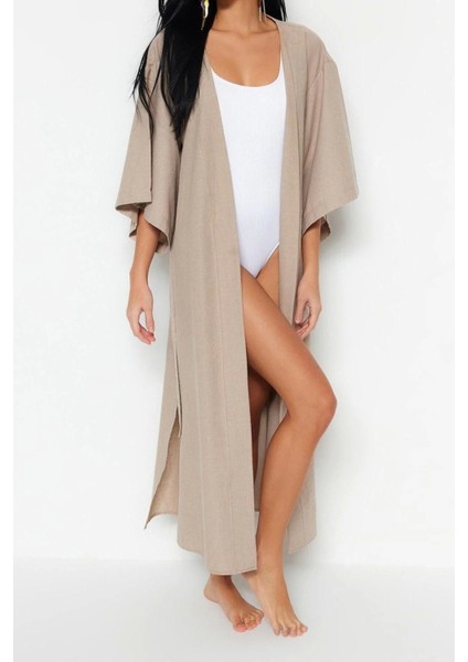 Moda Dokuma Regular Kalıp Midi V Yaka Ispanyol Kol Keten Görünümlü Basic Düz Desen Kimono Kaftan