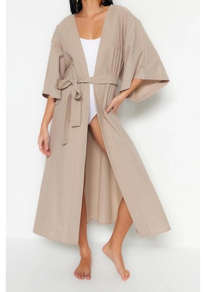 Moda Dokuma Regular Kalıp Midi V Yaka Ispanyol Kol Keten Görünümlü Basic Düz Desen Kimono Kaftan