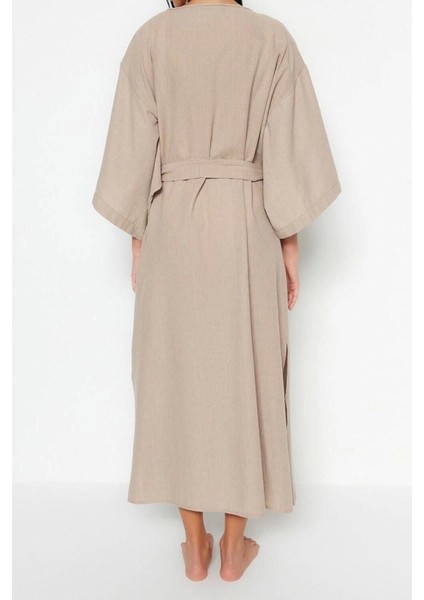 Moda Dokuma Regular Kalıp Midi V Yaka Ispanyol Kol Keten Görünümlü Basic Düz Desen Kimono Kaftan