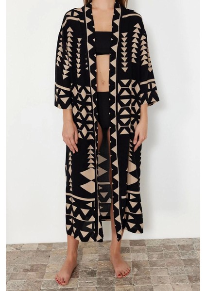 Moda Dokuma Regular Kalıp Uzun V Yaka Standart Kol Shally Basic Geometrik Desen Kimono Kaftan