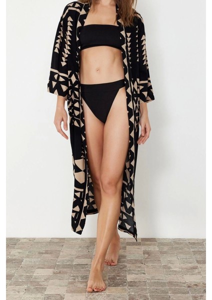 Moda Dokuma Regular Kalıp Uzun V Yaka Standart Kol Shally Basic Geometrik Desen Kimono Kaftan