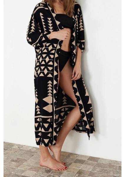 Moda Dokuma Regular Kalıp Uzun V Yaka Standart Kol Shally Basic Geometrik Desen Kimono Kaftan