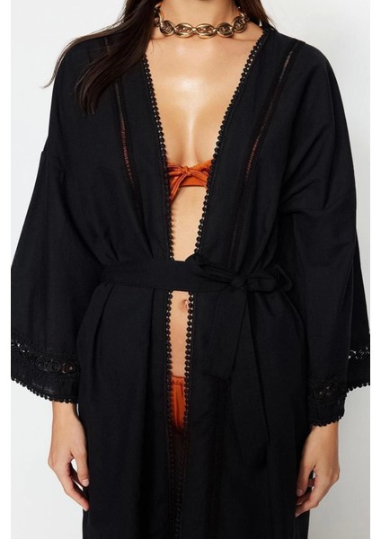 Moda Dokuma Regular Kalıp Uzun V Yaka Standart Kol Crinkle Basic Düz Desen Kimono Kaftan