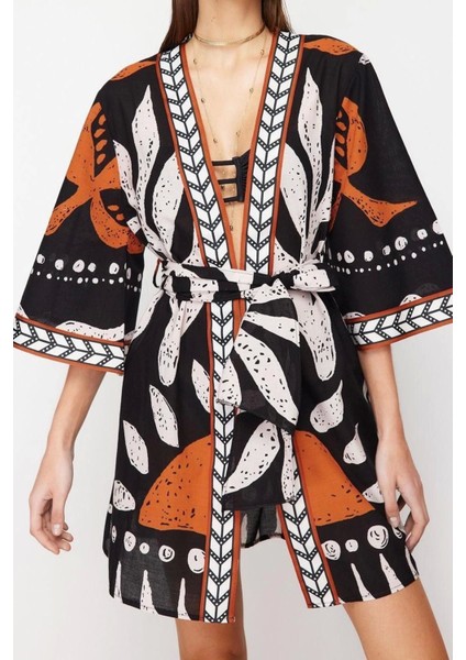 Moda Dokuma Regular Kalıp Crop V Yaka Standart Kol Vual Basic Etnik Desen Kimono Kaftan