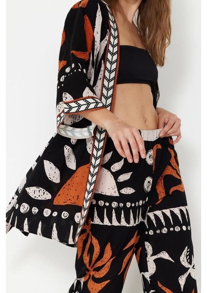 Moda Dokuma Regular Kalıp Crop V Yaka Standart Kol Vual Basic Etnik Desen Kimono Kaftan