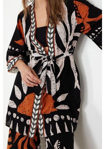 Moda Dokuma Regular Kalıp Crop V Yaka Standart Kol Vual Basic Etnik Desen Kimono Kaftan
