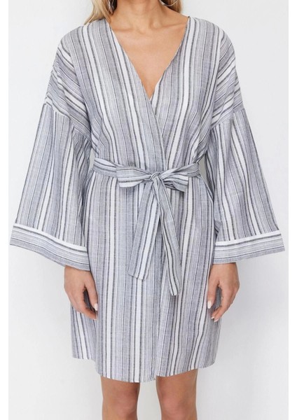 Moda Dokuma Oversize Kalıp Uzun V Yaka Normal Kol Ipliği Boyalı Flamlı Pam Basic Kimono Kaftan