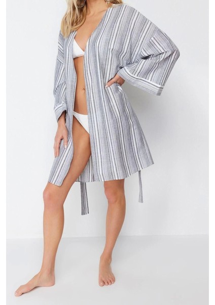 Moda Dokuma Oversize Kalıp Uzun V Yaka Normal Kol Ipliği Boyalı Flamlı Pam Basic Kimono Kaftan