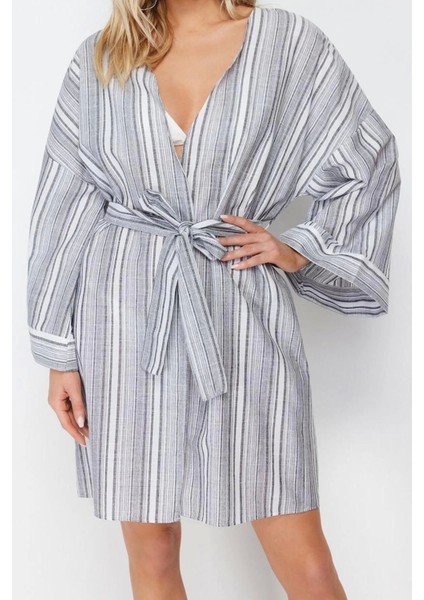 Moda Dokuma Oversize Kalıp Uzun V Yaka Normal Kol Ipliği Boyalı Flamlı Pam Basic Kimono Kaftan