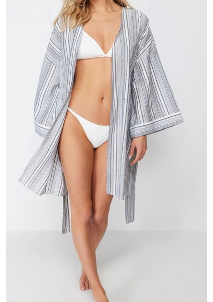 Moda Dokuma Oversize Kalıp Uzun V Yaka Normal Kol Ipliği Boyalı Flamlı Pam Basic Kimono Kaftan