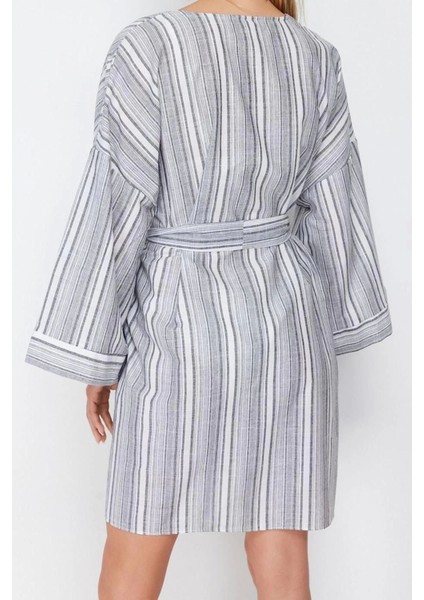 Moda Dokuma Oversize Kalıp Uzun V Yaka Normal Kol Ipliği Boyalı Flamlı Pam Basic Kimono Kaftan