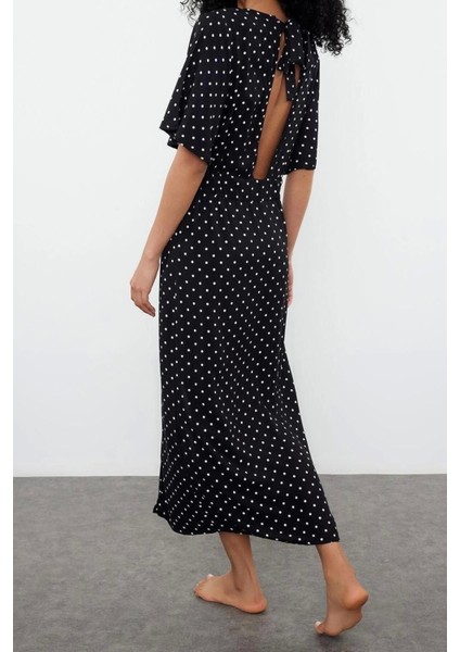Moda Dokuma Regular Kalıp Uzun V Yaka Standart Kol Shally Basic Puantiyeli Desen Kimono Kaftan