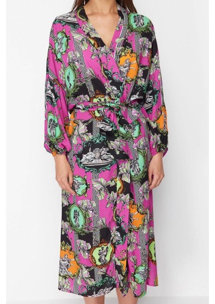 Moda Dokuma Regular Kalıp Uzun Şal Yaka Standart Kol Shally Basic Tropikal Desen Kimono Kaftan