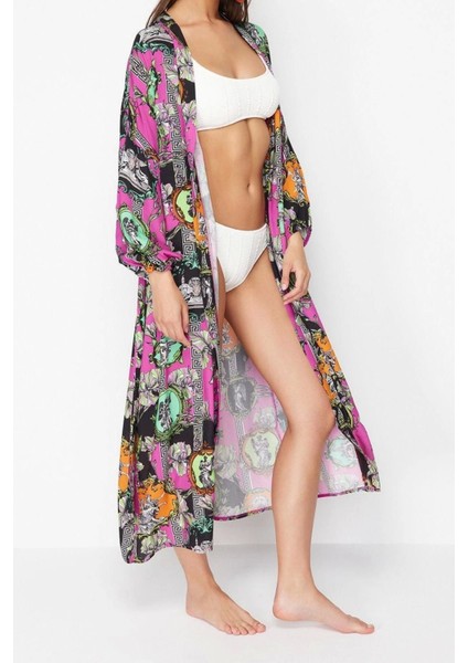 Moda Dokuma Regular Kalıp Uzun Şal Yaka Standart Kol Shally Basic Tropikal Desen Kimono Kaftan fiyatları
