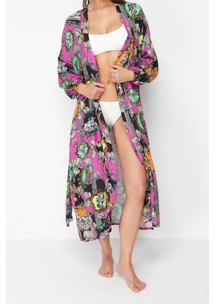 Moda Dokuma Regular Kalıp Uzun Şal Yaka Standart Kol Shally Basic Tropikal Desen Kimono Kaftan modelleri