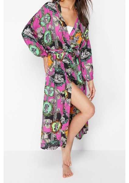 Moda Dokuma Regular Kalıp Uzun Şal Yaka Standart Kol Shally Basic Tropikal Desen Kimono Kaftan fırsatları