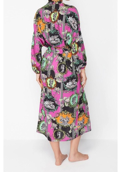 Moda Dokuma Regular Kalıp Uzun Şal Yaka Standart Kol Shally Basic Tropikal Desen Kimono Kaftan indirimleri