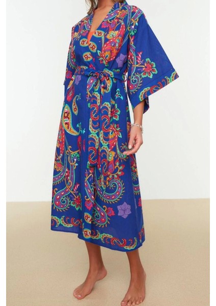 Moda Dokuma Regular Kalıp Uzun V Yaka Standart Kol Vual Basic Şal Desen Kimono Kaftan