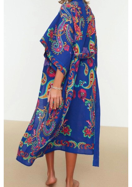 Moda Dokuma Regular Kalıp Uzun V Yaka Standart Kol Vual Basic Şal Desen Kimono Kaftan