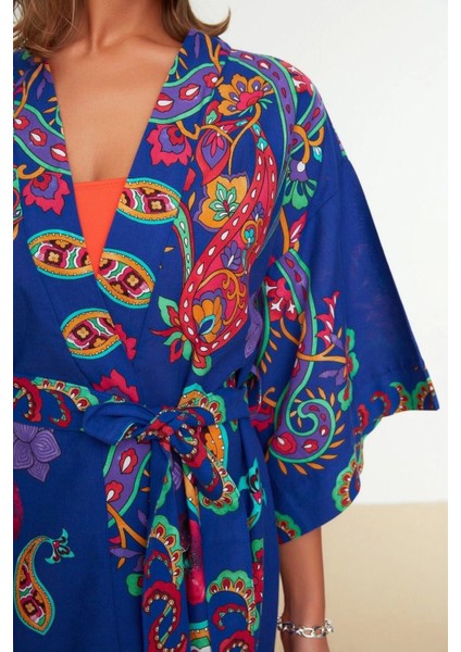 Moda Dokuma Regular Kalıp Uzun V Yaka Standart Kol Vual Basic Şal Desen Kimono Kaftan