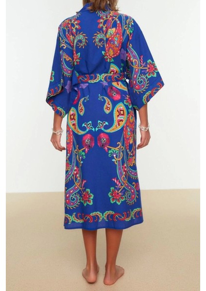 Moda Dokuma Regular Kalıp Uzun V Yaka Standart Kol Vual Basic Şal Desen Kimono Kaftan