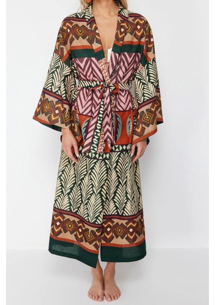 Moda Dokuma Regular Kalıp Regular V Yaka Standart Kol Flamlı Pamuk Basic Etnik Desen Kimono Kaftan
