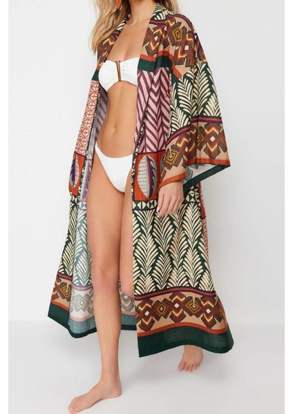 Moda Dokuma Regular Kalıp Regular V Yaka Standart Kol Flamlı Pamuk Basic Etnik Desen Kimono Kaftan
