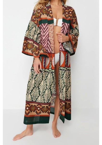 Moda Dokuma Regular Kalıp Regular V Yaka Standart Kol Flamlı Pamuk Basic Etnik Desen Kimono Kaftan