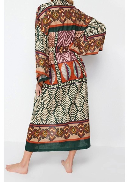 Moda Dokuma Regular Kalıp Regular V Yaka Standart Kol Flamlı Pamuk Basic Etnik Desen Kimono Kaftan