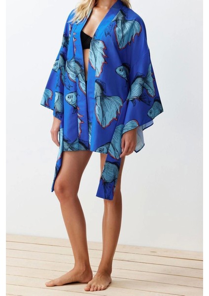 Moda Dokuma Regular Kalıp Crop V Yaka Ispanyol Kol Kelly Basic Tropikal Desen Kimono Kaftan modelleri