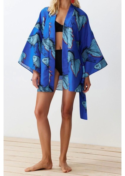 Moda Dokuma Regular Kalıp Crop V Yaka Ispanyol Kol Kelly Basic Tropikal Desen Kimono Kaftan fırsatları