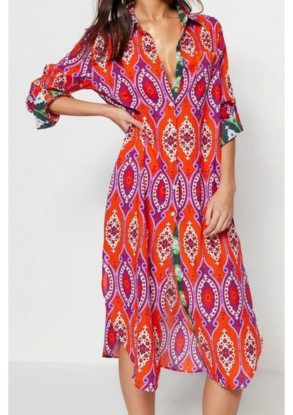 Moda Dokuma Rahat Kalıp Regular Gömlek Yaka Standart Kol Vual Basic Etnik Desen Kimono Kaftan