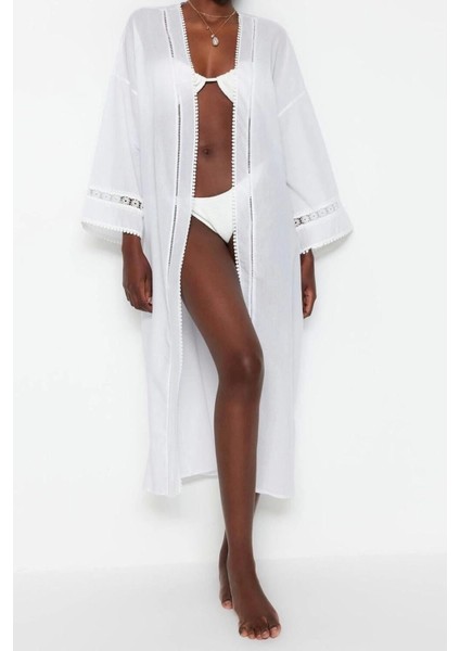 Moda Dokuma Regular Kalıp Uzun V Yaka Standart Kol Crinkle Basic Düz Desen Kimono Kaftan