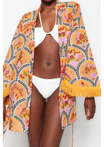 Moda Dokuma Regular Kalıp Crop V Yaka Ispanyol Kol Vual Basic Çiçekli Desen Kimono Kaftan