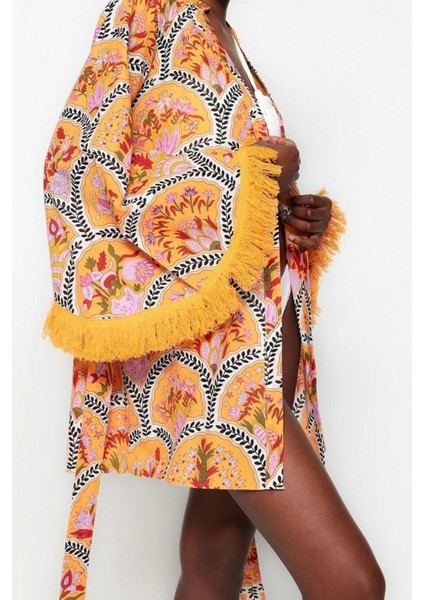 Moda Dokuma Regular Kalıp Crop V Yaka Ispanyol Kol Vual Basic Çiçekli Desen Kimono Kaftan fiyatları