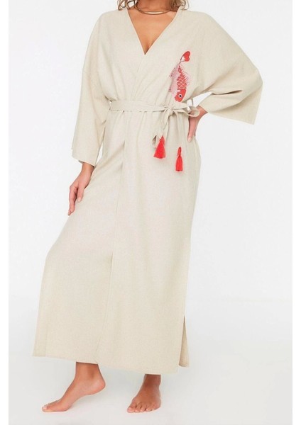 Moda Dokuma Regular Kalıp Uzun V Yaka Standart Kol Keten Karışımlı Kruvaze Etnik Desen Kimono Kaftan