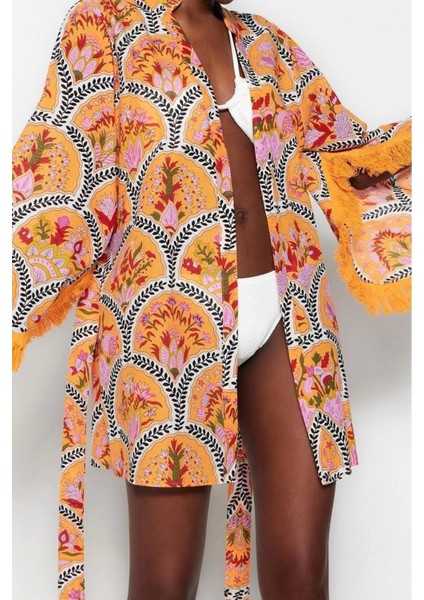 Moda Dokuma Regular Kalıp Crop V Yaka Ispanyol Kol Vual Basic Çiçekli Desen Kimono Kaftan modelleri