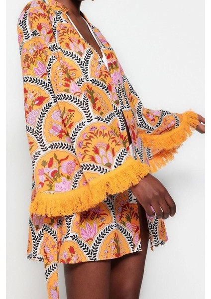 Moda Dokuma Regular Kalıp Crop V Yaka Ispanyol Kol Vual Basic Çiçekli Desen Kimono Kaftan fırsatları