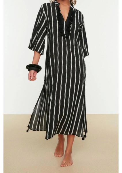 Moda Dokuma Rahat Kalıp Uzun Gömlek Yaka Standart Kol Vual Basic Çizgili Desen Kimono Kaftan