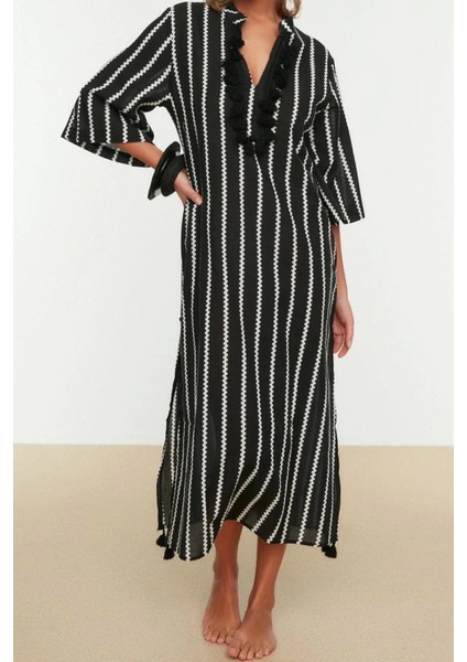 Moda Dokuma Rahat Kalıp Uzun Gömlek Yaka Standart Kol Vual Basic Çizgili Desen Kimono Kaftan fiyatları