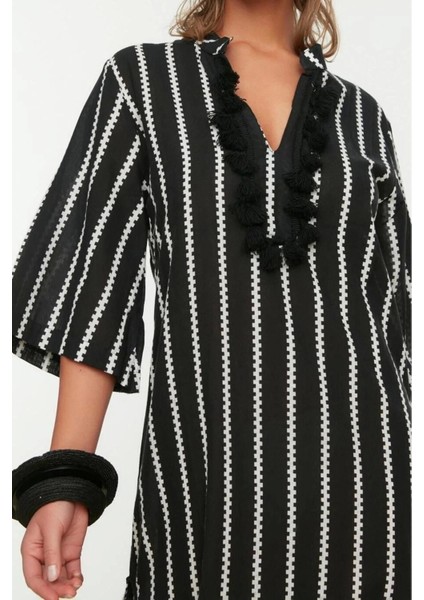 Moda Dokuma Rahat Kalıp Uzun Gömlek Yaka Standart Kol Vual Basic Çizgili Desen Kimono Kaftan modelleri