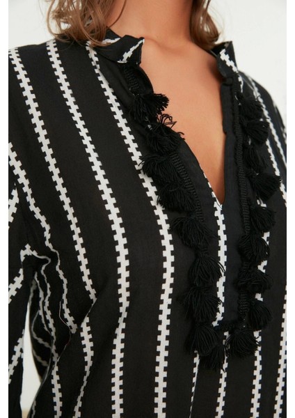 Moda Dokuma Rahat Kalıp Uzun Gömlek Yaka Standart Kol Vual Basic Çizgili Desen Kimono Kaftan fırsatları