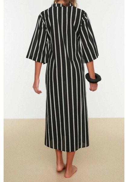 Moda Dokuma Rahat Kalıp Uzun Gömlek Yaka Standart Kol Vual Basic Çizgili Desen Kimono Kaftan indirimleri