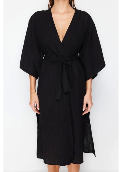 Moda Dokuma Regular Kalıp Midi V Yaka Ispanyol Kol Keten Görünümlü Basic Düz Desen Kimono Kaftan