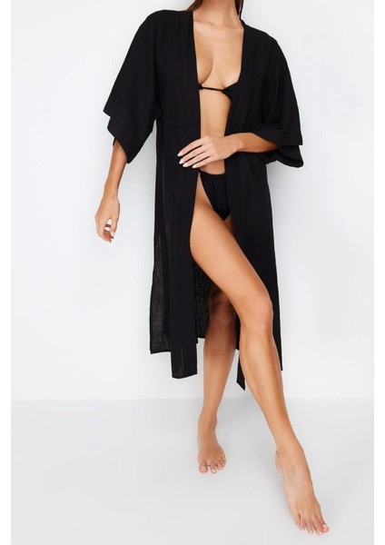 Moda Dokuma Regular Kalıp Midi V Yaka Ispanyol Kol Keten Görünümlü Basic Düz Desen Kimono Kaftan fiyatları